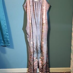 Boho Floral Wide-Leg Jumpsuit in Dusty Blue and Pink